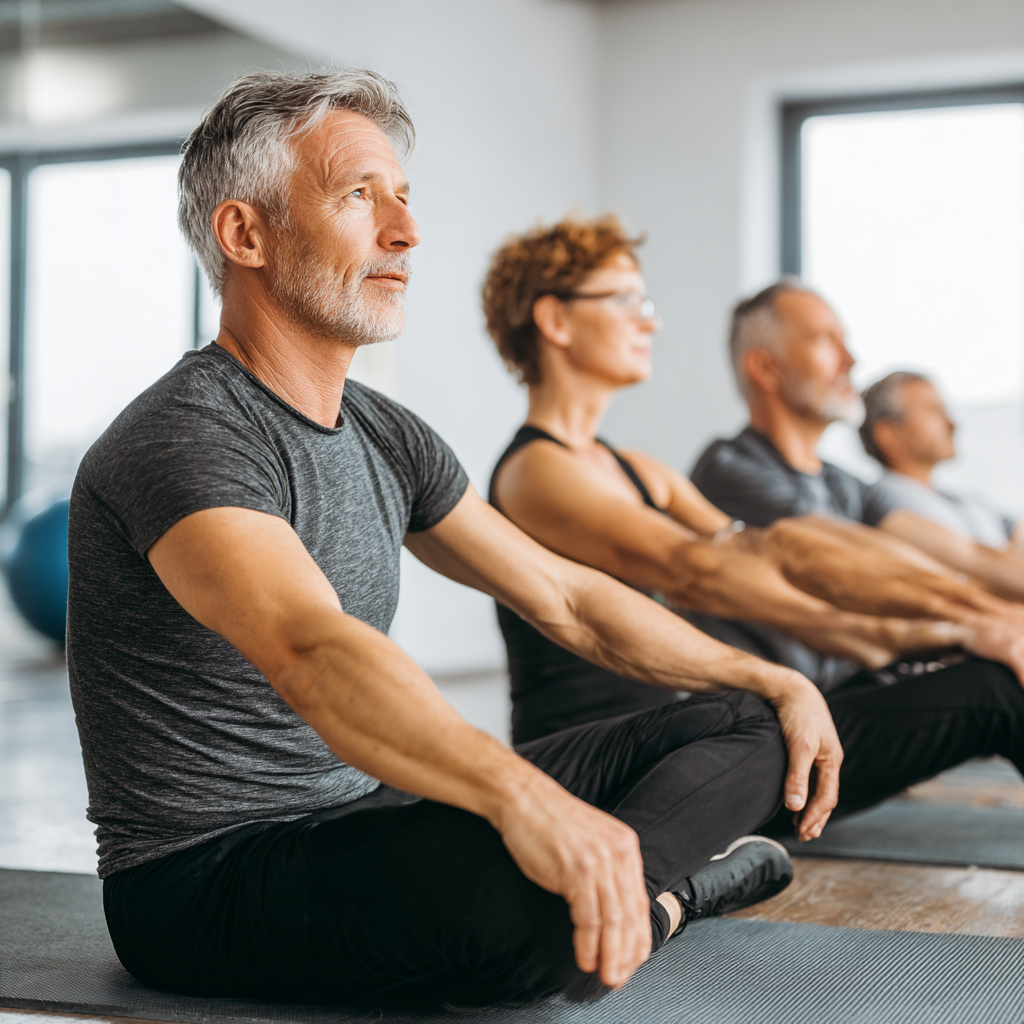 Group of smiling Ukrainian adults of different ages exercising together in a modern fitness studio